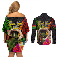 Vanuatu Independence Day Couples Matching Off Shoulder Short Dress and Long Sleeve Button Shirt Boars Tusk and Melanesian Warrior Indipendens Dei LT03 - Polynesian Pride