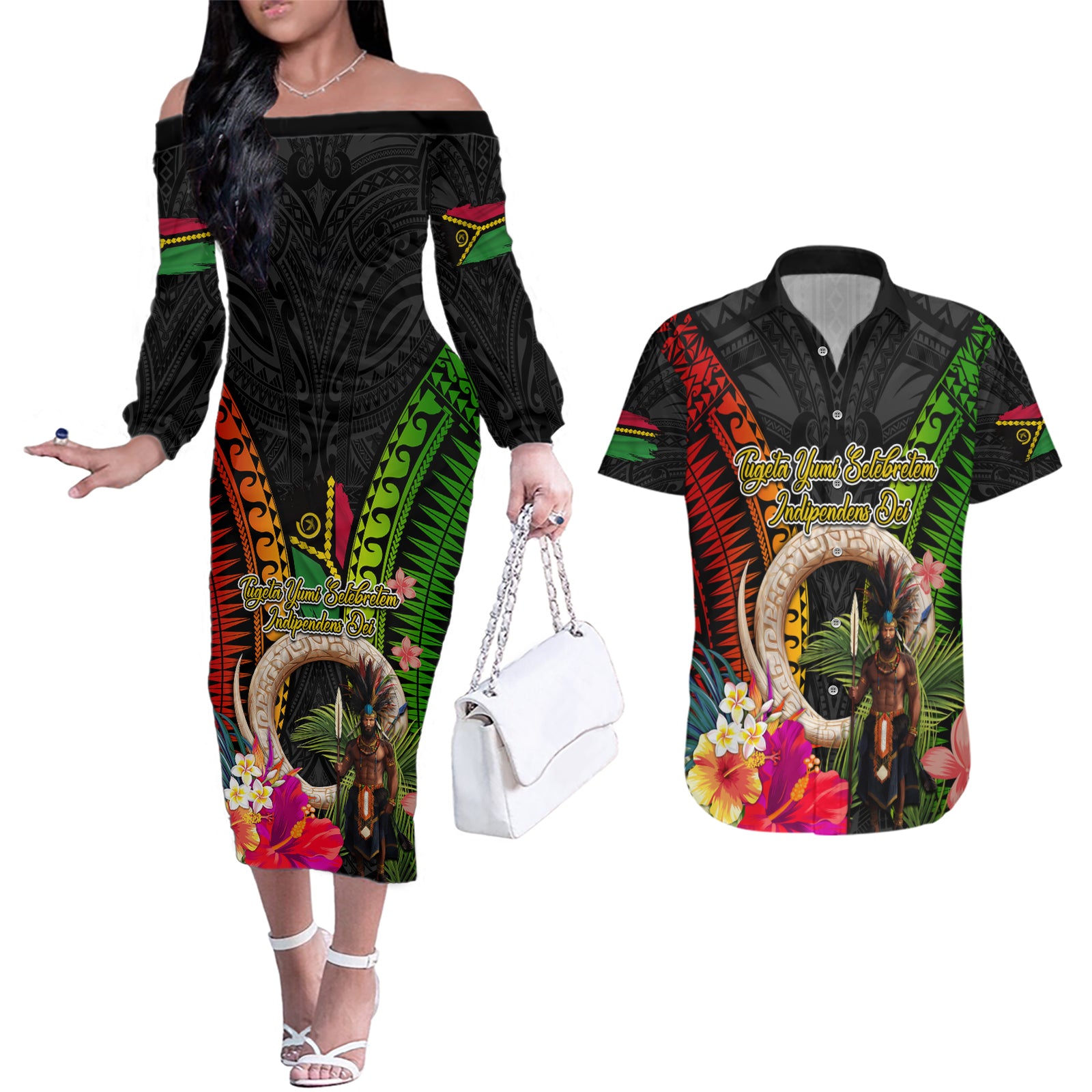 Vanuatu Independence Day Couples Matching Off The Shoulder Long Sleeve Dress and Hawaiian Shirt Boars Tusk and Melanesian Warrior Indipendens Dei