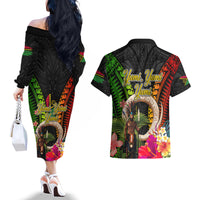 Vanuatu Independence Day Couples Matching Off The Shoulder Long Sleeve Dress and Hawaiian Shirt Boars Tusk and Melanesian Warrior Indipendens Dei LT03 - Polynesian Pride