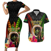 Vanuatu Independence Day Couples Matching Short Sleeve Bodycon Dress and Hawaiian Shirt Boars Tusk and Melanesian Warrior Indipendens Dei LT03 Black - Polynesian Pride