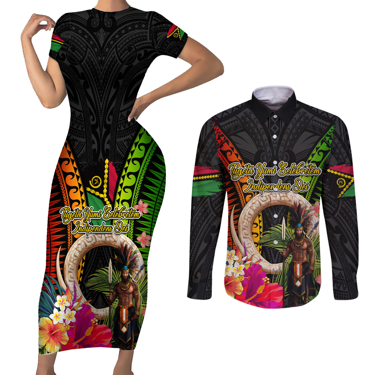 Vanuatu Independence Day Couples Matching Short Sleeve Bodycon Dress and Long Sleeve Button Shirt Boars Tusk and Melanesian Warrior Indipendens Dei LT03 Black - Polynesian Pride