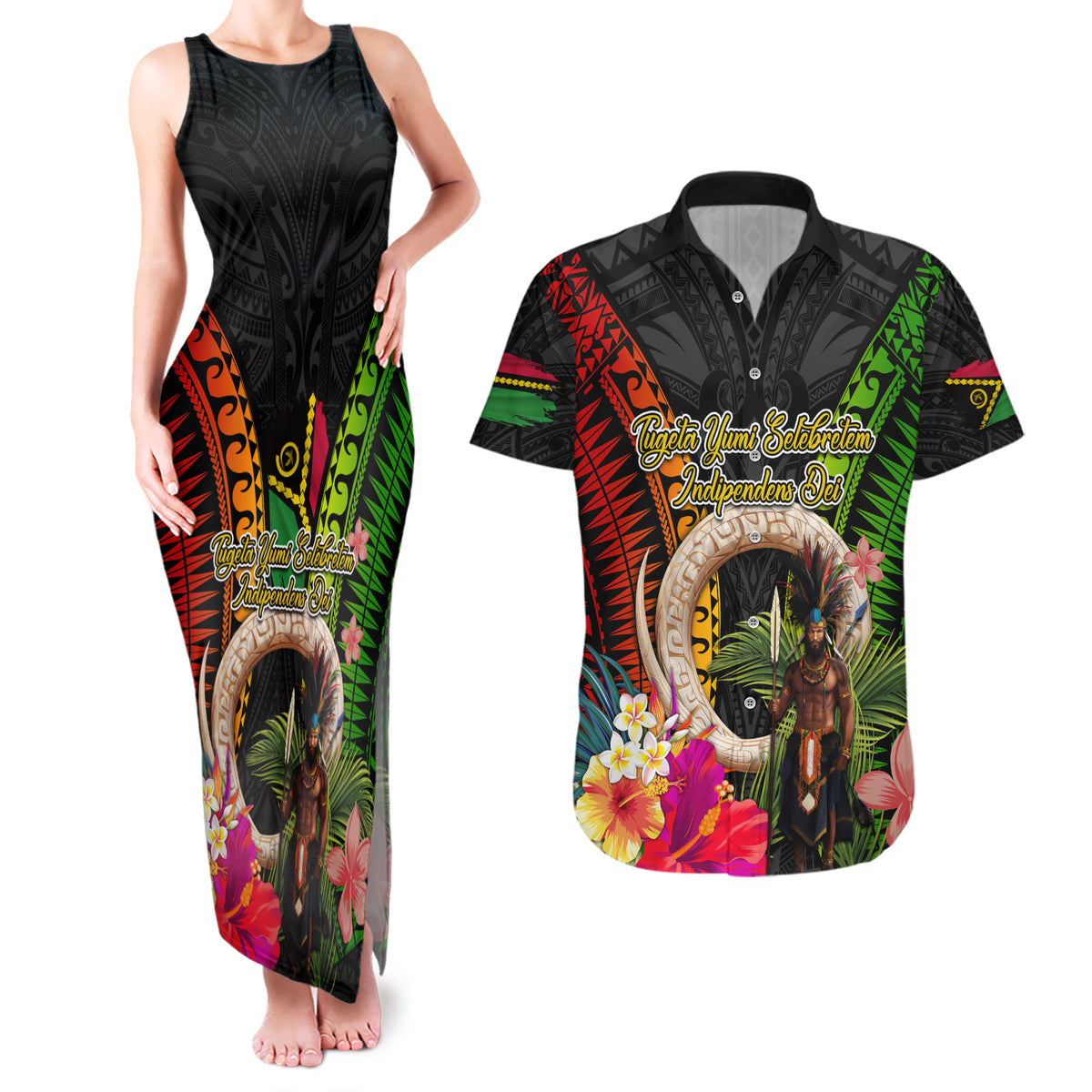 Vanuatu Independence Day Couples Matching Tank Maxi Dress and Hawaiian Shirt Boars Tusk and Melanesian Warrior Indipendens Dei LT03 Black - Polynesian Pride