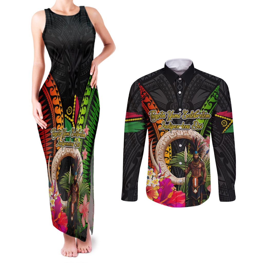 Vanuatu Independence Day Couples Matching Tank Maxi Dress and Long Sleeve Button Shirt Boars Tusk and Melanesian Warrior Indipendens Dei LT03 Black - Polynesian Pride