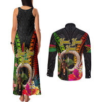 Vanuatu Independence Day Couples Matching Tank Maxi Dress and Long Sleeve Button Shirt Boars Tusk and Melanesian Warrior Indipendens Dei LT03 - Polynesian Pride