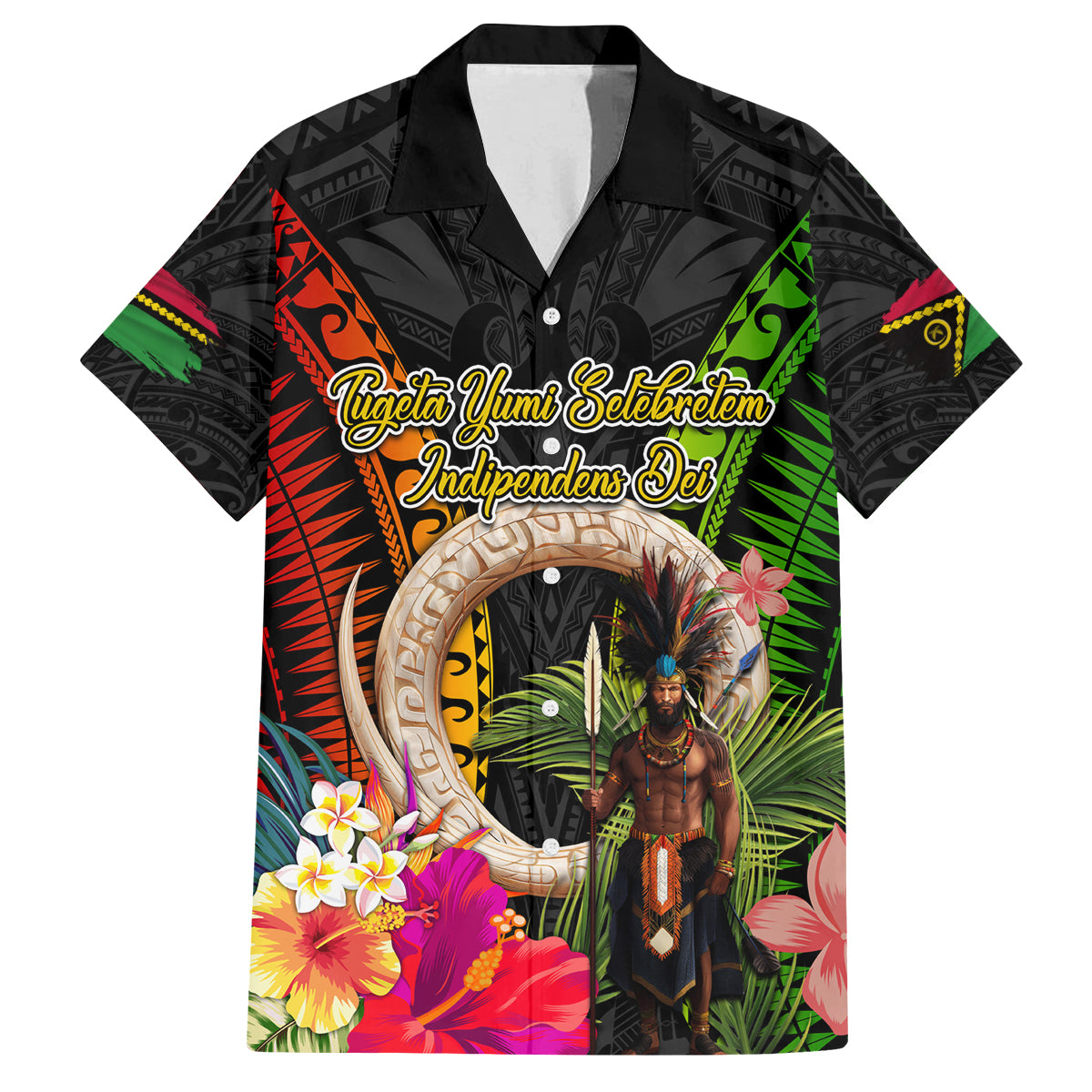 Vanuatu Independence Day Family Matching Long Sleeve Bodycon Dress and Hawaiian Shirt Boars Tusk and Melanesian Warrior Indipendens Dei LT03 Dad's Shirt - Short Sleeve Black - Polynesian Pride