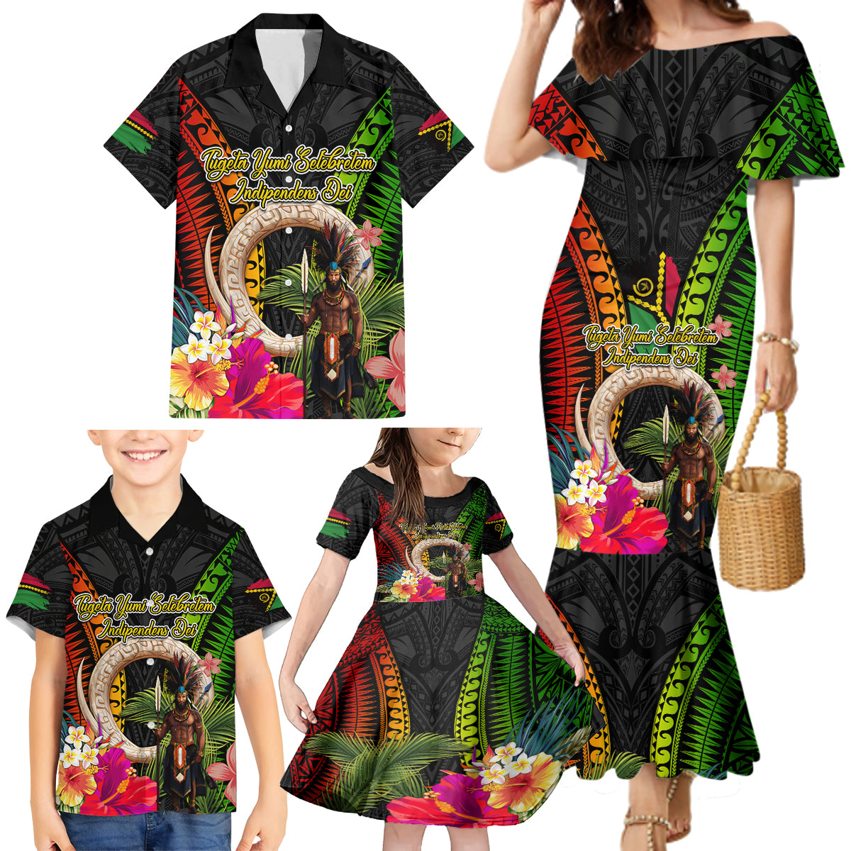 Vanuatu Independence Day Family Matching Mermaid Dress and Hawaiian Shirt Boars Tusk and Melanesian Warrior Indipendens Dei LT03 - Polynesian Pride