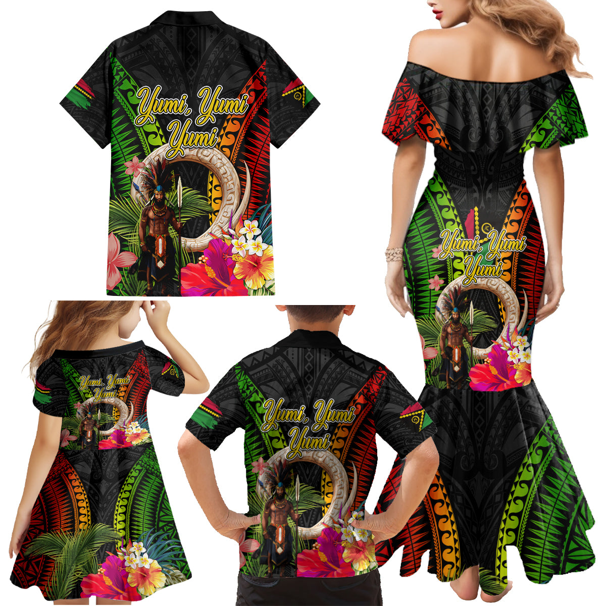 Vanuatu Independence Day Family Matching Mermaid Dress and Hawaiian Shirt Boars Tusk and Melanesian Warrior Indipendens Dei LT03 - Polynesian Pride
