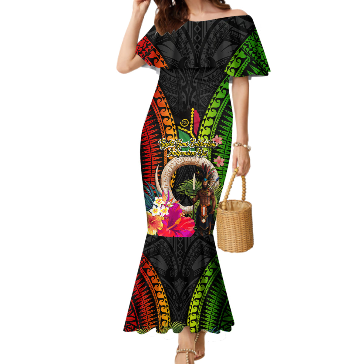 Vanuatu Independence Day Family Matching Mermaid Dress and Hawaiian Shirt Boars Tusk and Melanesian Warrior Indipendens Dei LT03 Mom's Dress Black - Polynesian Pride