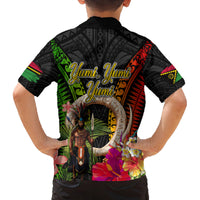 Vanuatu Independence Day Family Matching Off The Shoulder Long Sleeve Dress and Hawaiian Shirt Boars Tusk and Melanesian Warrior Indipendens Dei LT03 - Polynesian Pride