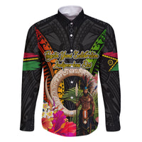 Vanuatu Independence Day Family Matching Off The Shoulder Long Sleeve Dress and Hawaiian Shirt Boars Tusk and Melanesian Warrior Indipendens Dei LT03 Dad's Shirt - Long Sleeve Black - Polynesian Pride