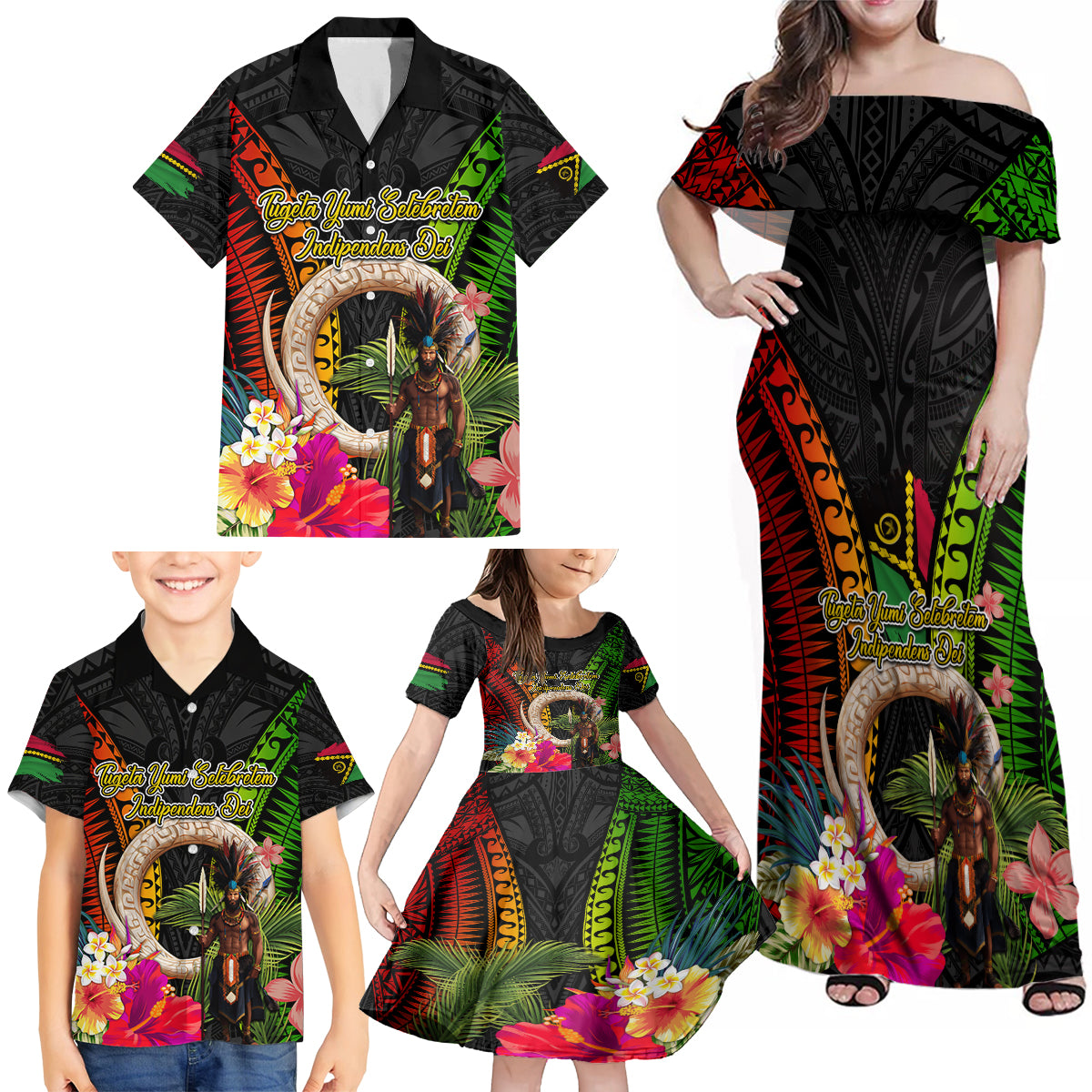 Vanuatu Independence Day Family Matching Off Shoulder Maxi Dress and Hawaiian Shirt Boars Tusk and Melanesian Warrior Indipendens Dei LT03 - Polynesian Pride