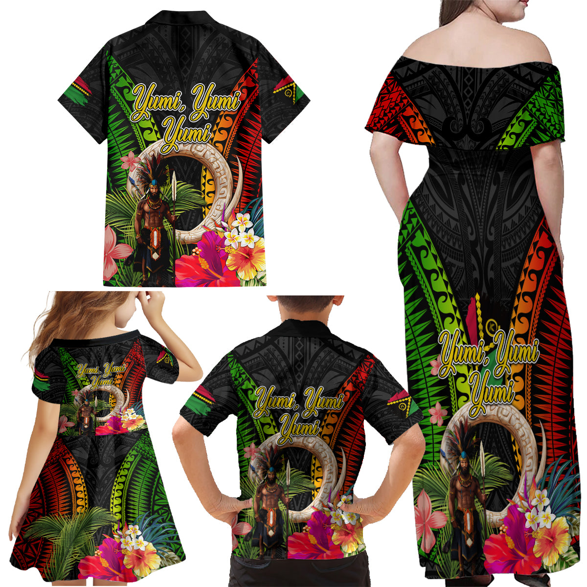 Vanuatu Independence Day Family Matching Off Shoulder Maxi Dress and Hawaiian Shirt Boars Tusk and Melanesian Warrior Indipendens Dei LT03 - Polynesian Pride