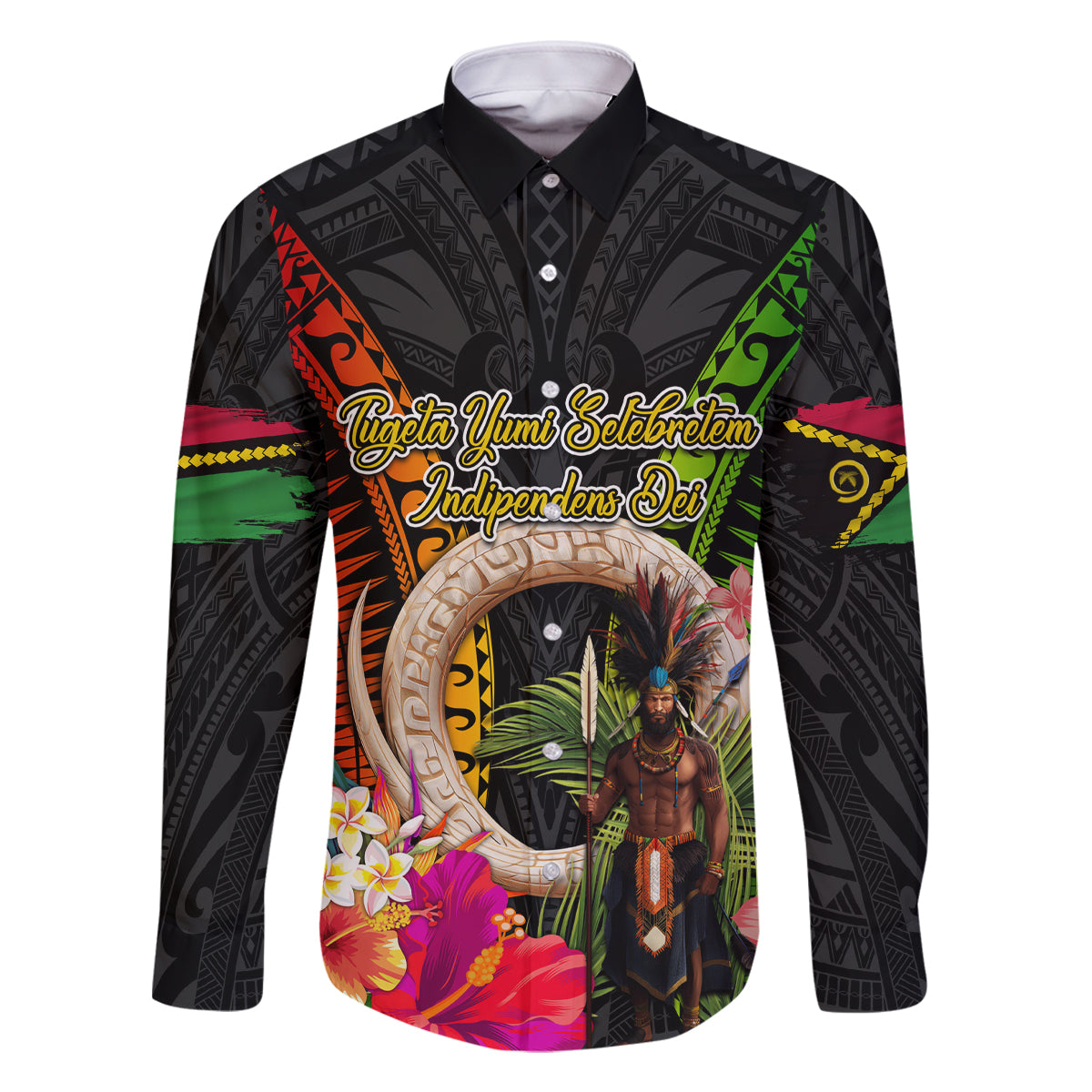 Vanuatu Independence Day Family Matching Off Shoulder Maxi Dress and Hawaiian Shirt Boars Tusk and Melanesian Warrior Indipendens Dei LT03 Dad's Shirt - Long Sleeve Black - Polynesian Pride