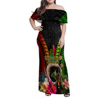 Vanuatu Independence Day Family Matching Off Shoulder Maxi Dress and Hawaiian Shirt Boars Tusk and Melanesian Warrior Indipendens Dei LT03 Mom's Dress Black - Polynesian Pride