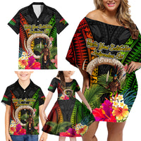Vanuatu Independence Day Family Matching Off Shoulder Short Dress and Hawaiian Shirt Boars Tusk and Melanesian Warrior Indipendens Dei LT03 - Polynesian Pride
