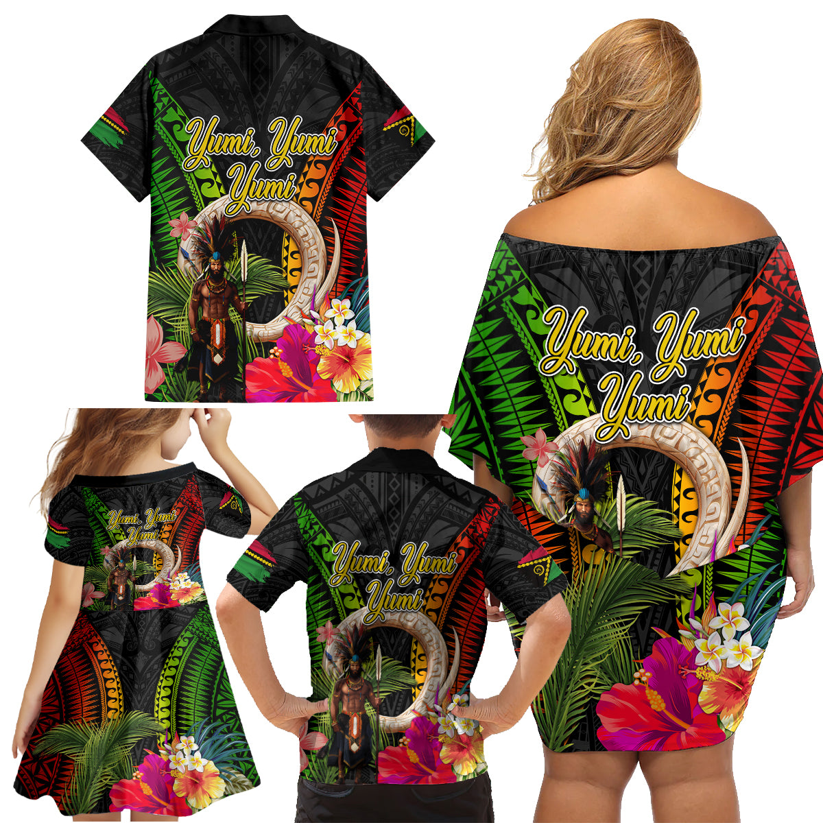 Vanuatu Independence Day Family Matching Off Shoulder Short Dress and Hawaiian Shirt Boars Tusk and Melanesian Warrior Indipendens Dei LT03 - Polynesian Pride
