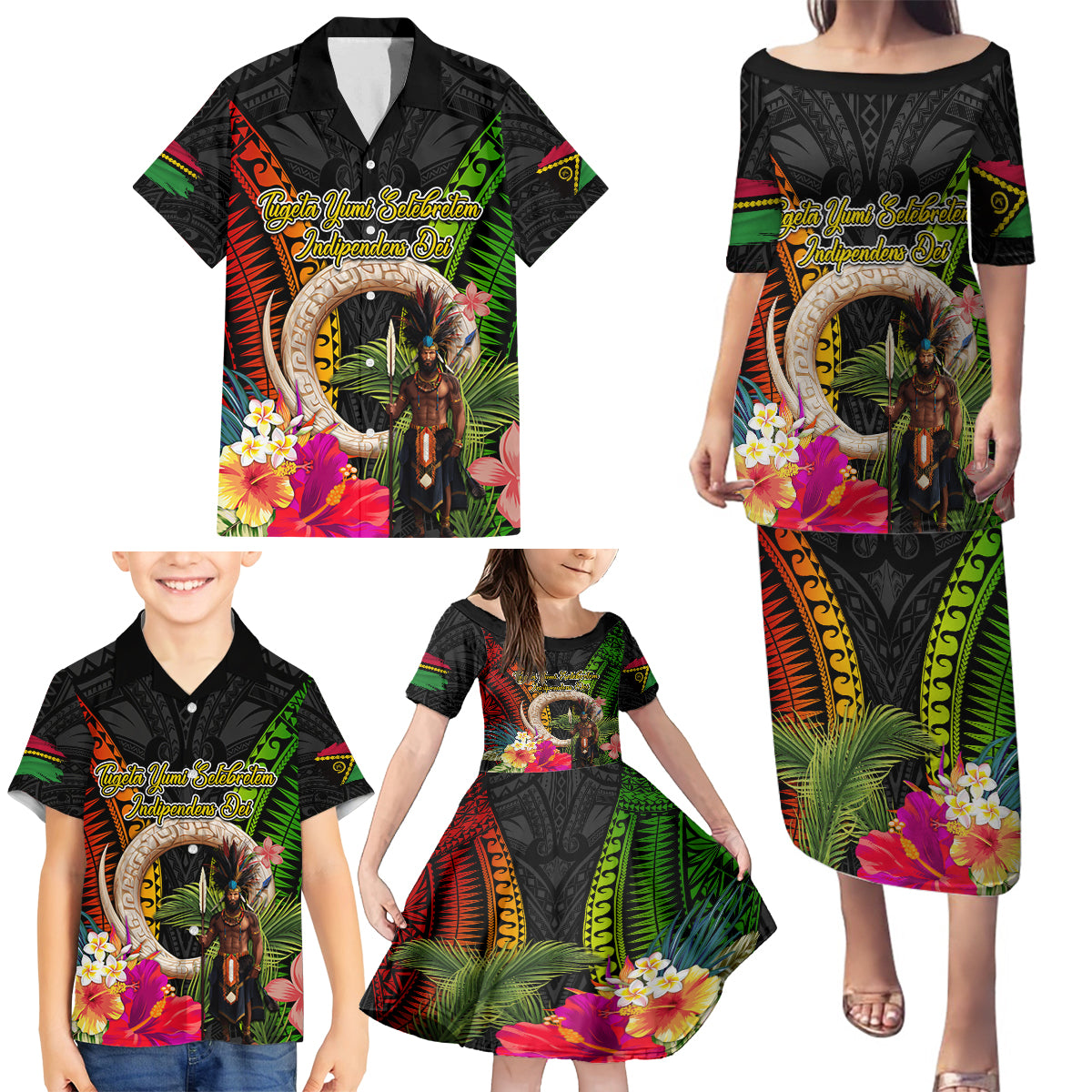 Vanuatu Independence Day Family Matching Puletasi and Hawaiian Shirt Boars Tusk and Melanesian Warrior Indipendens Dei LT03 - Polynesian Pride