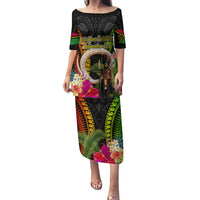 Vanuatu Independence Day Family Matching Puletasi and Hawaiian Shirt Boars Tusk and Melanesian Warrior Indipendens Dei LT03 Mom's Dress Black - Polynesian Pride