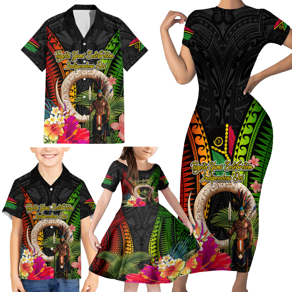 Vanuatu Independence Day Family Matching Short Sleeve Bodycon Dress and Hawaiian Shirt Boars Tusk and Melanesian Warrior Indipendens Dei LT03 - Polynesian Pride