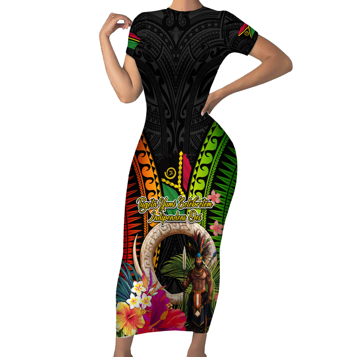 Vanuatu Independence Day Family Matching Short Sleeve Bodycon Dress and Hawaiian Shirt Boars Tusk and Melanesian Warrior Indipendens Dei LT03 Mom's Dress Black - Polynesian Pride