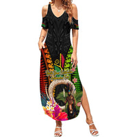 Vanuatu Independence Day Family Matching Summer Maxi Dress and Hawaiian Shirt Boars Tusk and Melanesian Warrior Indipendens Dei LT03 Mom's Dress Black - Polynesian Pride