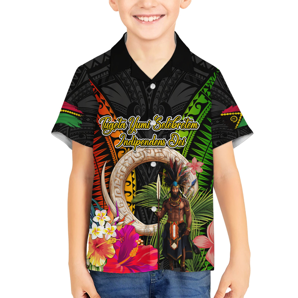Vanuatu Independence Day Family Matching Summer Maxi Dress and Hawaiian Shirt Boars Tusk and Melanesian Warrior Indipendens Dei LT03 Son's Shirt Black - Polynesian Pride