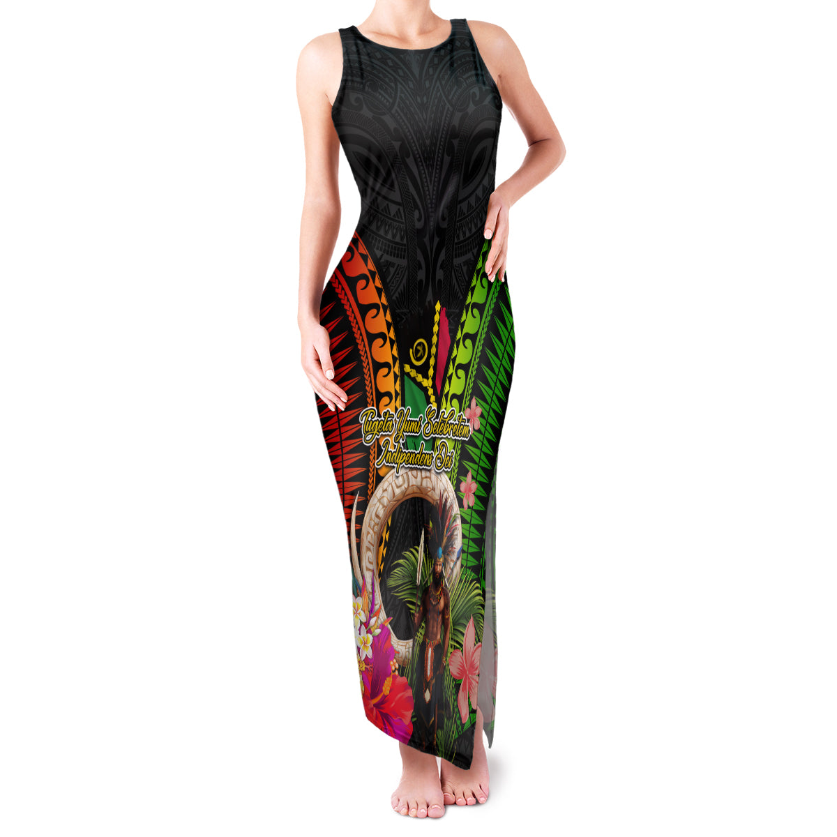 Vanuatu Independence Day Family Matching Tank Maxi Dress and Hawaiian Shirt Boars Tusk and Melanesian Warrior Indipendens Dei LT03 Mom's Dress Black - Polynesian Pride