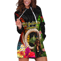 Vanuatu Independence Day Hoodie Dress Boars Tusk and Melanesian Warrior Indipendens Dei LT03 Black - Polynesian Pride