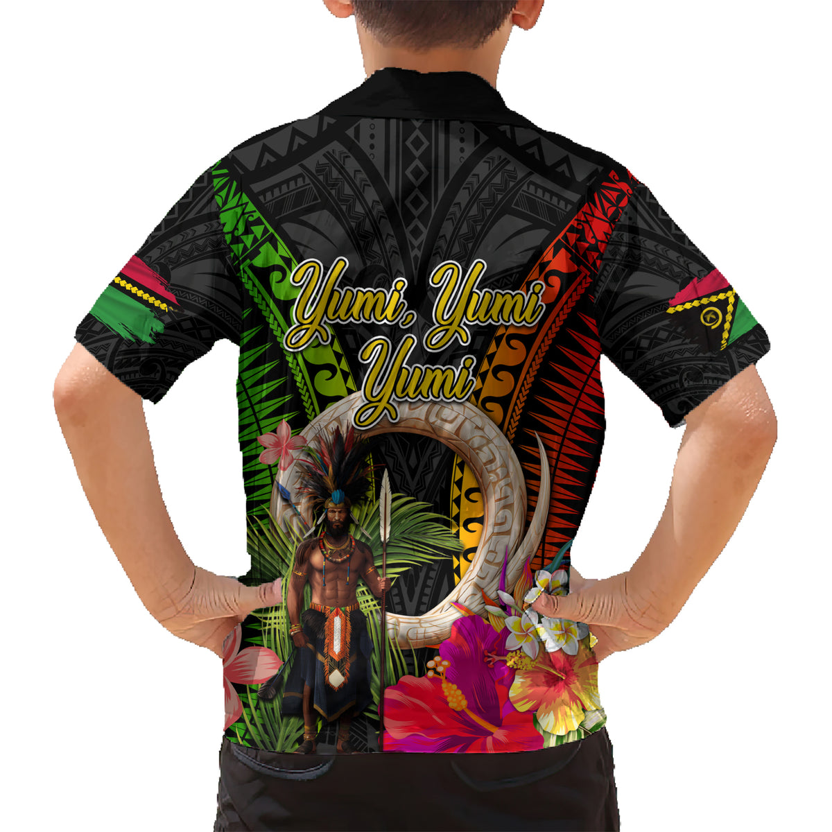Vanuatu Independence Day Kid Hawaiian Shirt Boars Tusk and Melanesian Warrior Indipendens Dei