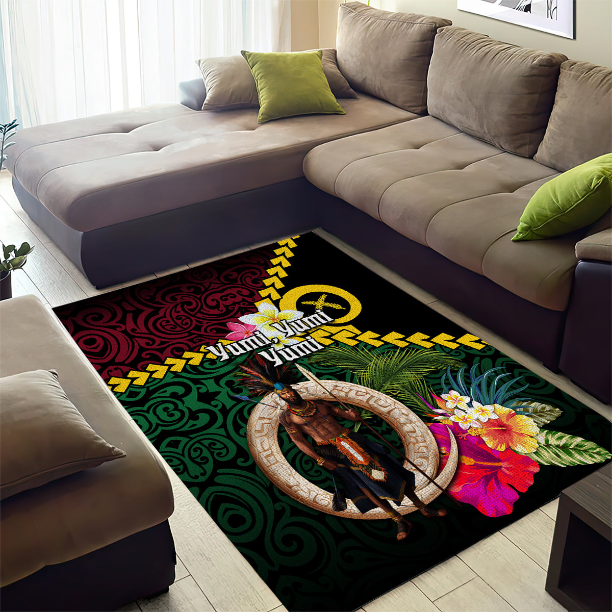 Vanuatu Indipendens Dei Area Rug Boars Tusk and Melanesian Warrior Hibiscus