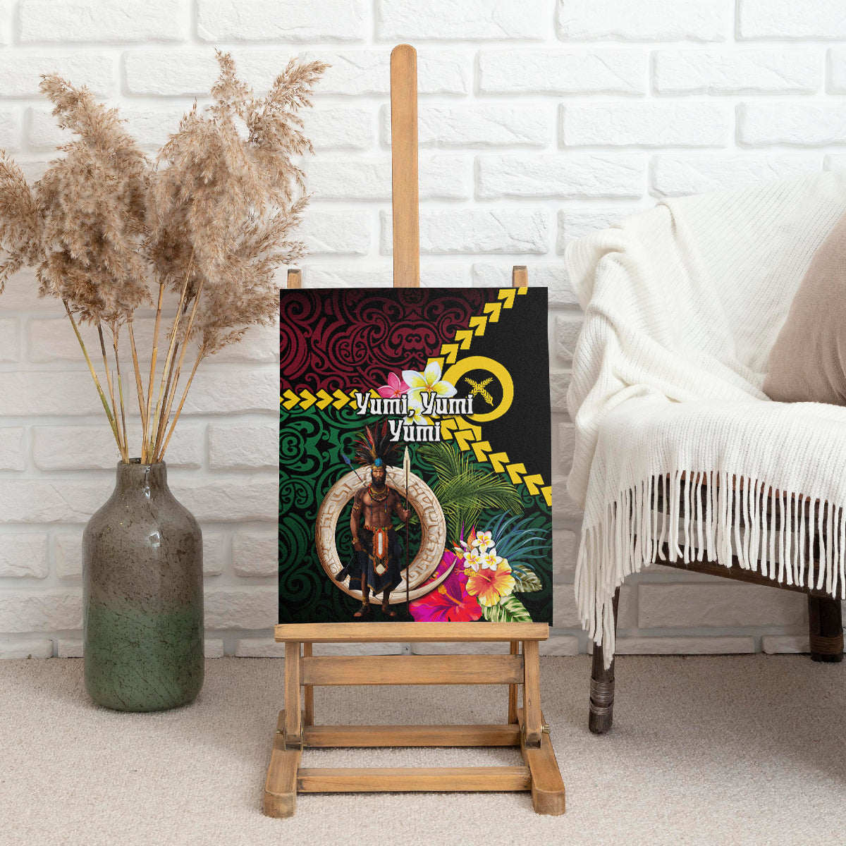 Vanuatu Indipendens Dei Canvas Wall Art Boars Tusk and Melanesian Warrior Hibiscus