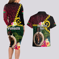 Vanuatu Indipendens Dei Couples Matching Long Sleeve Bodycon Dress and Hawaiian Shirt Boars Tusk and Melanesian Warrior Hibiscus LT03 - Polynesian Pride