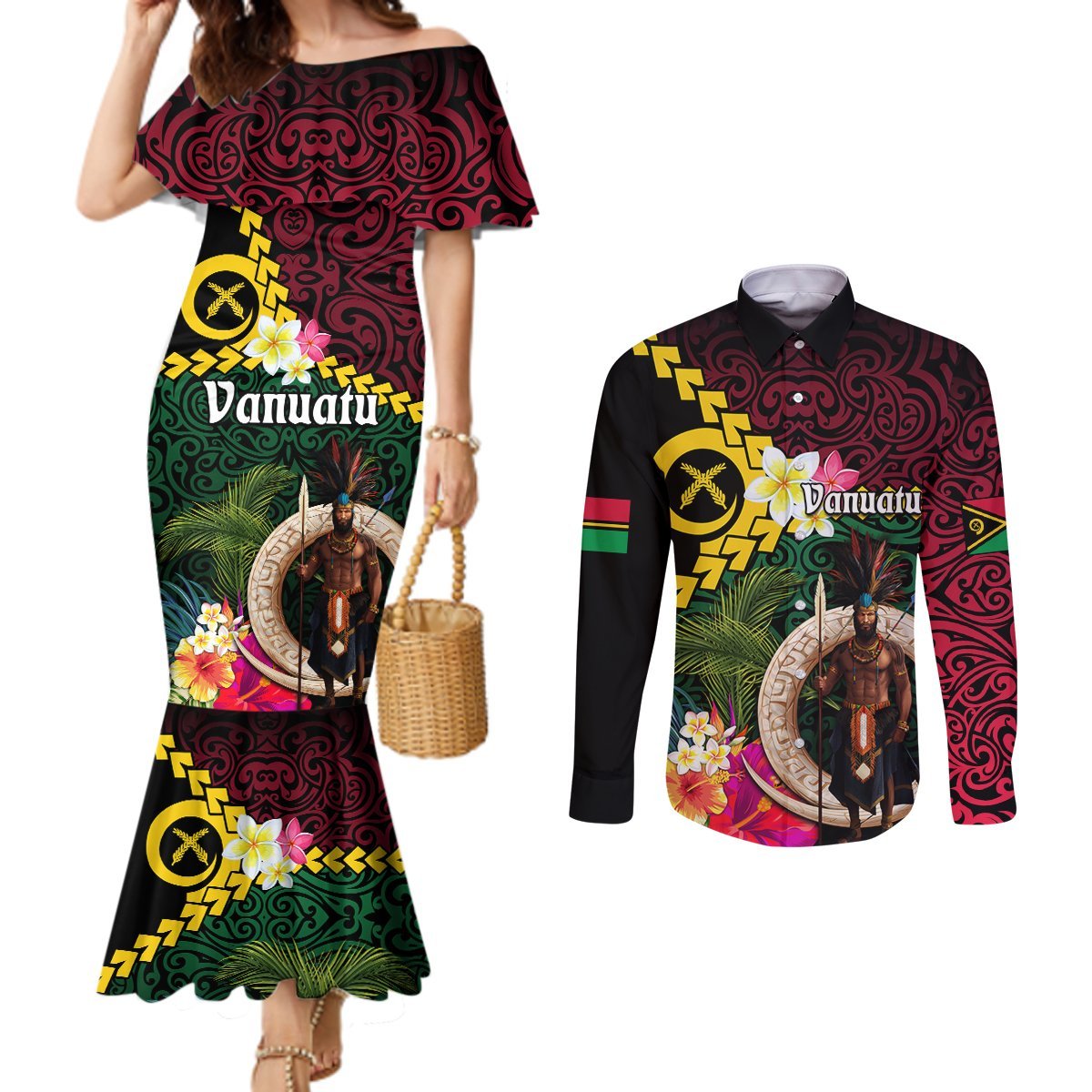 Vanuatu Indipendens Dei Couples Matching Mermaid Dress and Long Sleeve Button Shirt Boars Tusk and Melanesian Warrior Hibiscus LT03 Black - Polynesian Pride