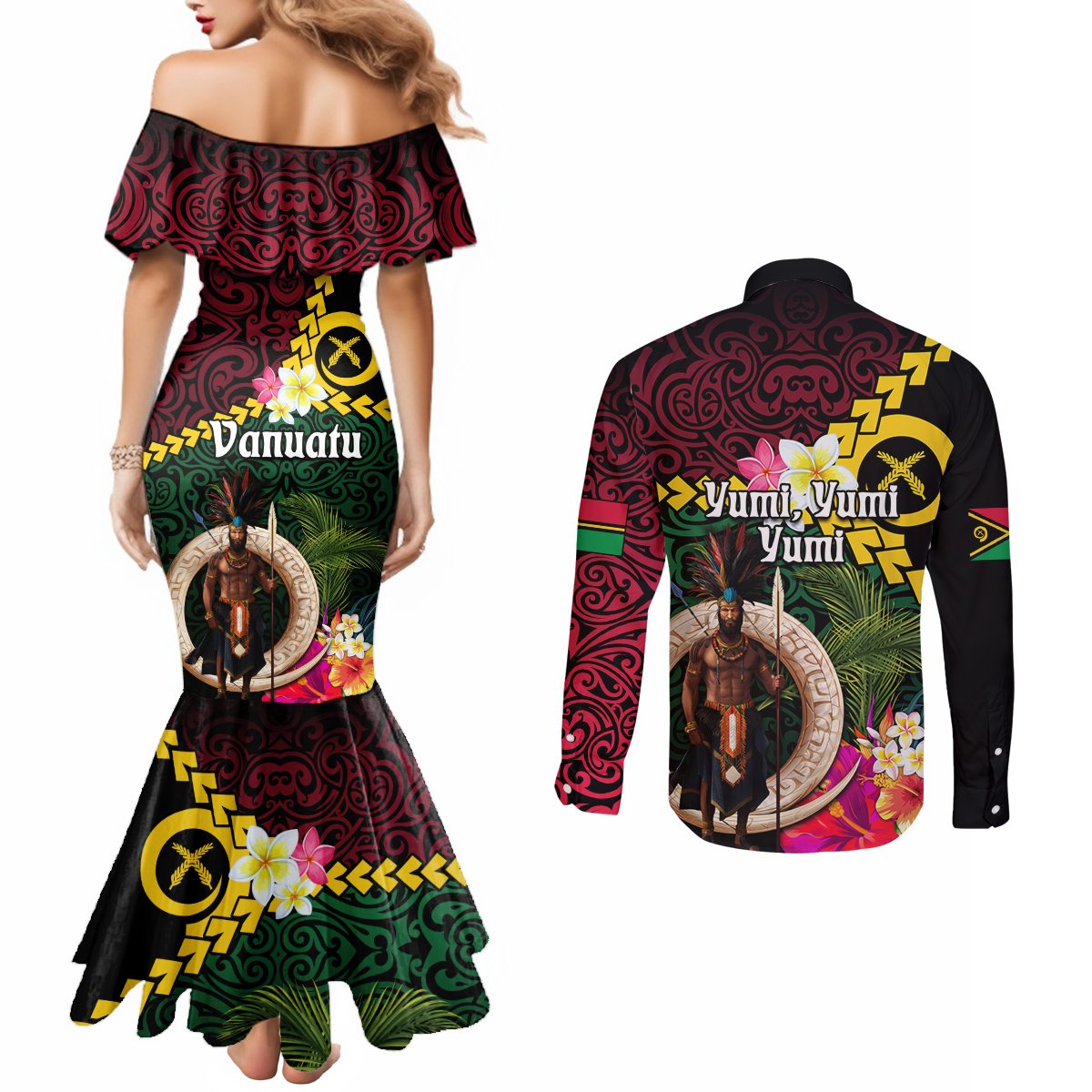Vanuatu Indipendens Dei Couples Matching Mermaid Dress and Long Sleeve Button Shirt Boars Tusk and Melanesian Warrior Hibiscus LT03 - Polynesian Pride