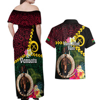 Vanuatu Indipendens Dei Couples Matching Off Shoulder Maxi Dress and Hawaiian Shirt Boars Tusk and Melanesian Warrior Hibiscus LT03 - Polynesian Pride