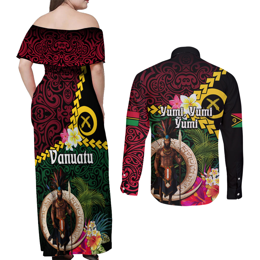 Vanuatu Indipendens Dei Couples Matching Off Shoulder Maxi Dress and Long Sleeve Button Shirt Boars Tusk and Melanesian Warrior Hibiscus LT03 - Polynesian Pride