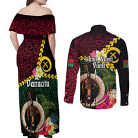 Vanuatu Indipendens Dei Couples Matching Off Shoulder Maxi Dress and Long Sleeve Button Shirt Boars Tusk and Melanesian Warrior Hibiscus LT03 - Polynesian Pride