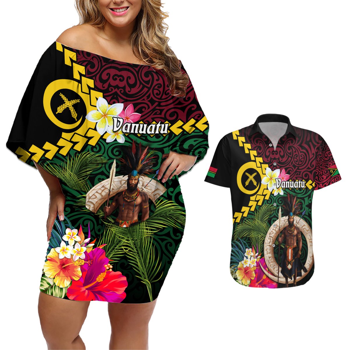 Vanuatu Indipendens Dei Couples Matching Off Shoulder Short Dress and Hawaiian Shirt Boars Tusk and Melanesian Warrior Hibiscus LT03 Black - Polynesian Pride