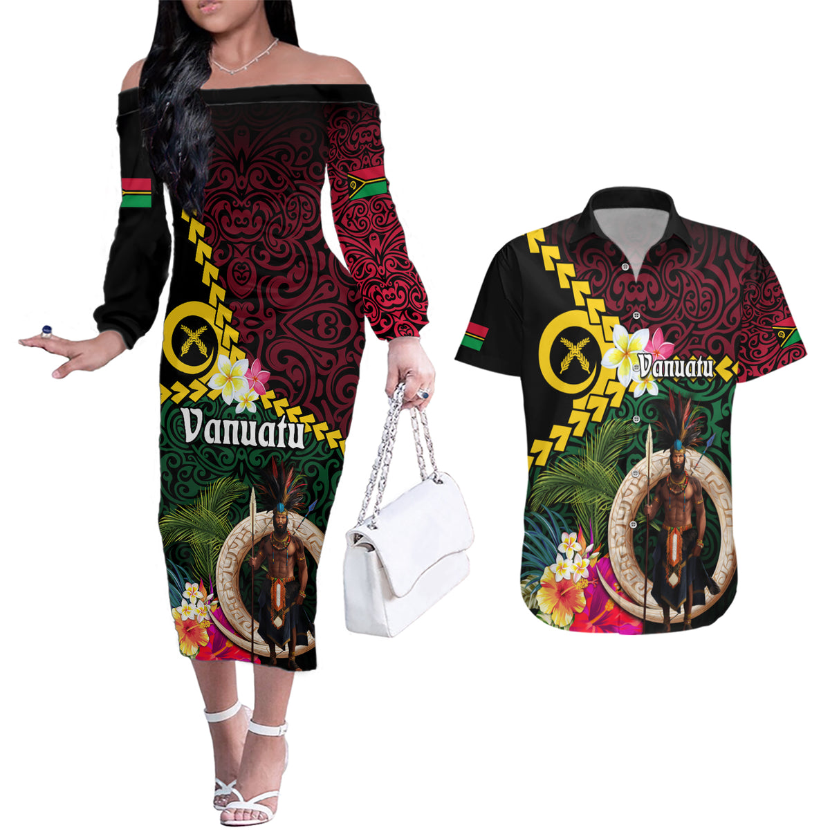 Vanuatu Indipendens Dei Couples Matching Off The Shoulder Long Sleeve Dress and Hawaiian Shirt Boars Tusk and Melanesian Warrior Hibiscus LT03 Black - Polynesian Pride