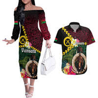 Vanuatu Indipendens Dei Couples Matching Off The Shoulder Long Sleeve Dress and Hawaiian Shirt Boars Tusk and Melanesian Warrior Hibiscus LT03 Black - Polynesian Pride
