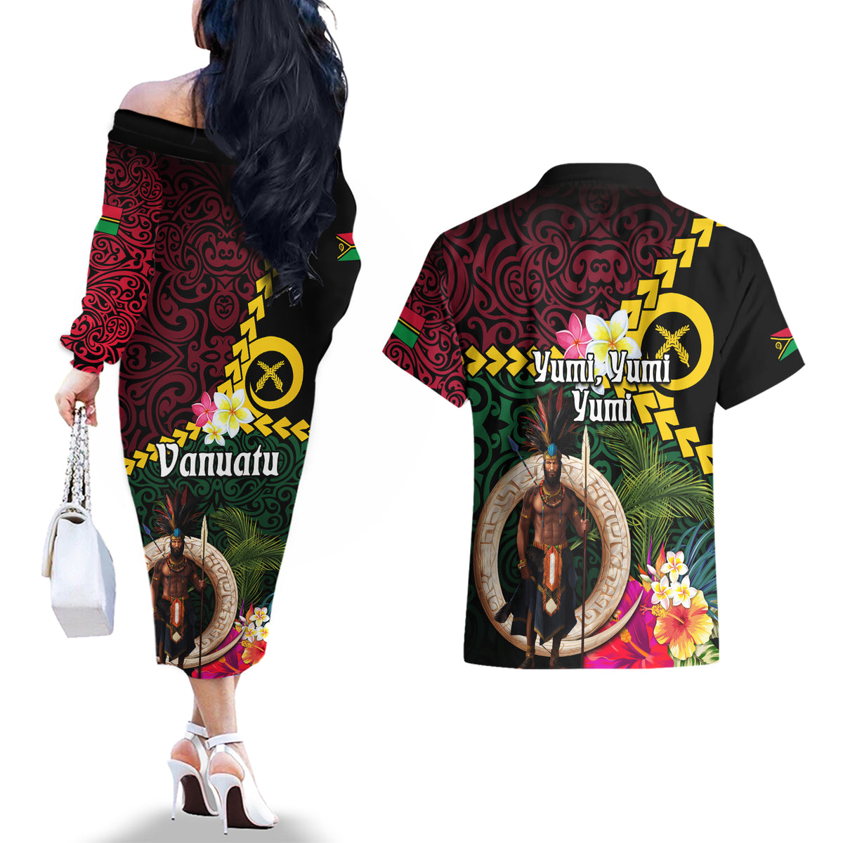 Vanuatu Indipendens Dei Couples Matching Off The Shoulder Long Sleeve Dress and Hawaiian Shirt Boars Tusk and Melanesian Warrior Hibiscus LT03 - Polynesian Pride