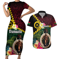 Vanuatu Indipendens Dei Couples Matching Short Sleeve Bodycon Dress and Hawaiian Shirt Boars Tusk and Melanesian Warrior Hibiscus LT03 Black - Polynesian Pride
