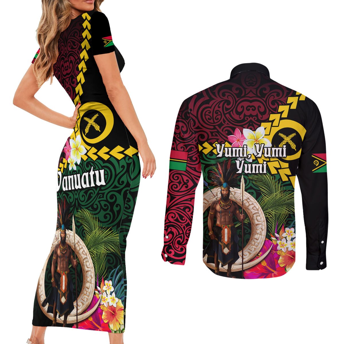 Vanuatu Indipendens Dei Couples Matching Short Sleeve Bodycon Dress and Long Sleeve Button Shirt Boars Tusk and Melanesian Warrior Hibiscus LT03 - Polynesian Pride