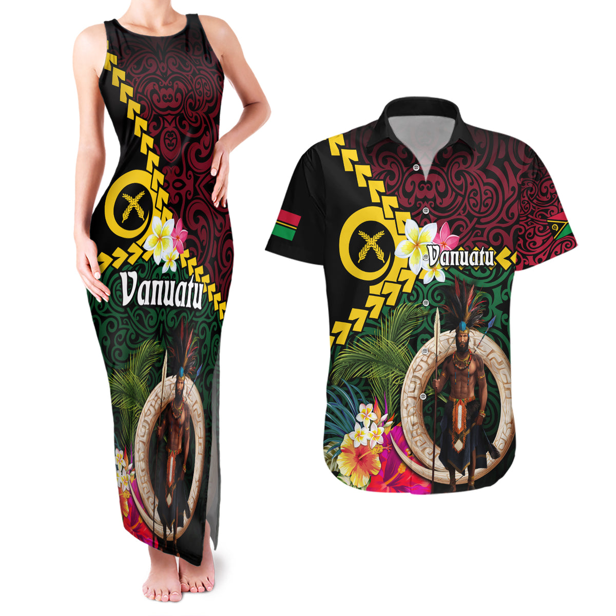 Vanuatu Indipendens Dei Couples Matching Tank Maxi Dress and Hawaiian Shirt Boars Tusk and Melanesian Warrior Hibiscus LT03 Black - Polynesian Pride