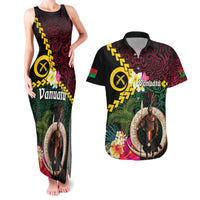 Vanuatu Indipendens Dei Couples Matching Tank Maxi Dress and Hawaiian Shirt Boars Tusk and Melanesian Warrior Hibiscus LT03 Black - Polynesian Pride
