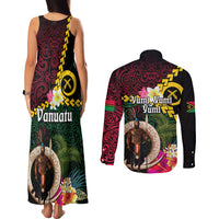 Vanuatu Indipendens Dei Couples Matching Tank Maxi Dress and Long Sleeve Button Shirt Boars Tusk and Melanesian Warrior Hibiscus LT03 - Polynesian Pride