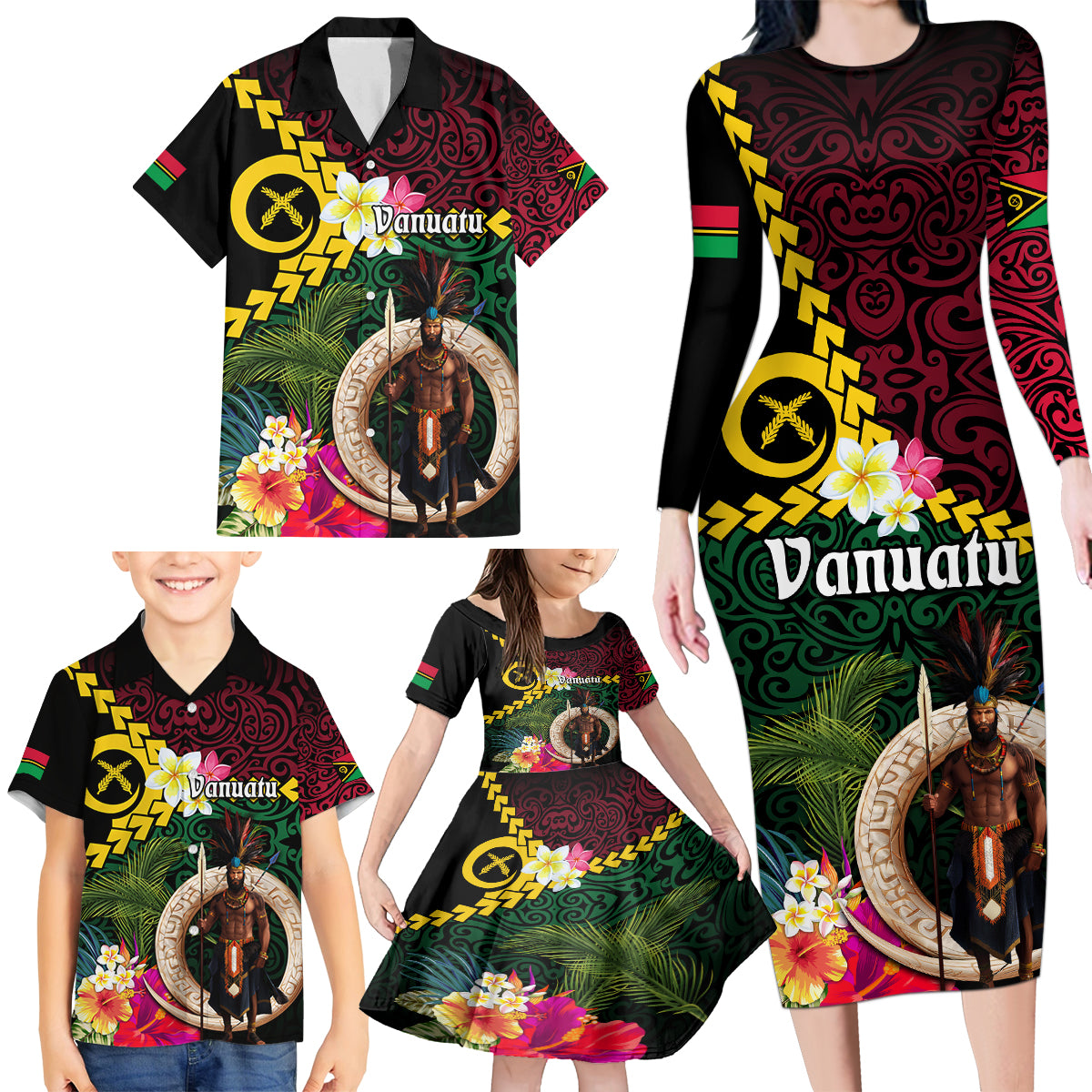 Vanuatu Indipendens Dei Family Matching Long Sleeve Bodycon Dress and Hawaiian Shirt Boars Tusk and Melanesian Warrior Hibiscus LT03 - Polynesian Pride