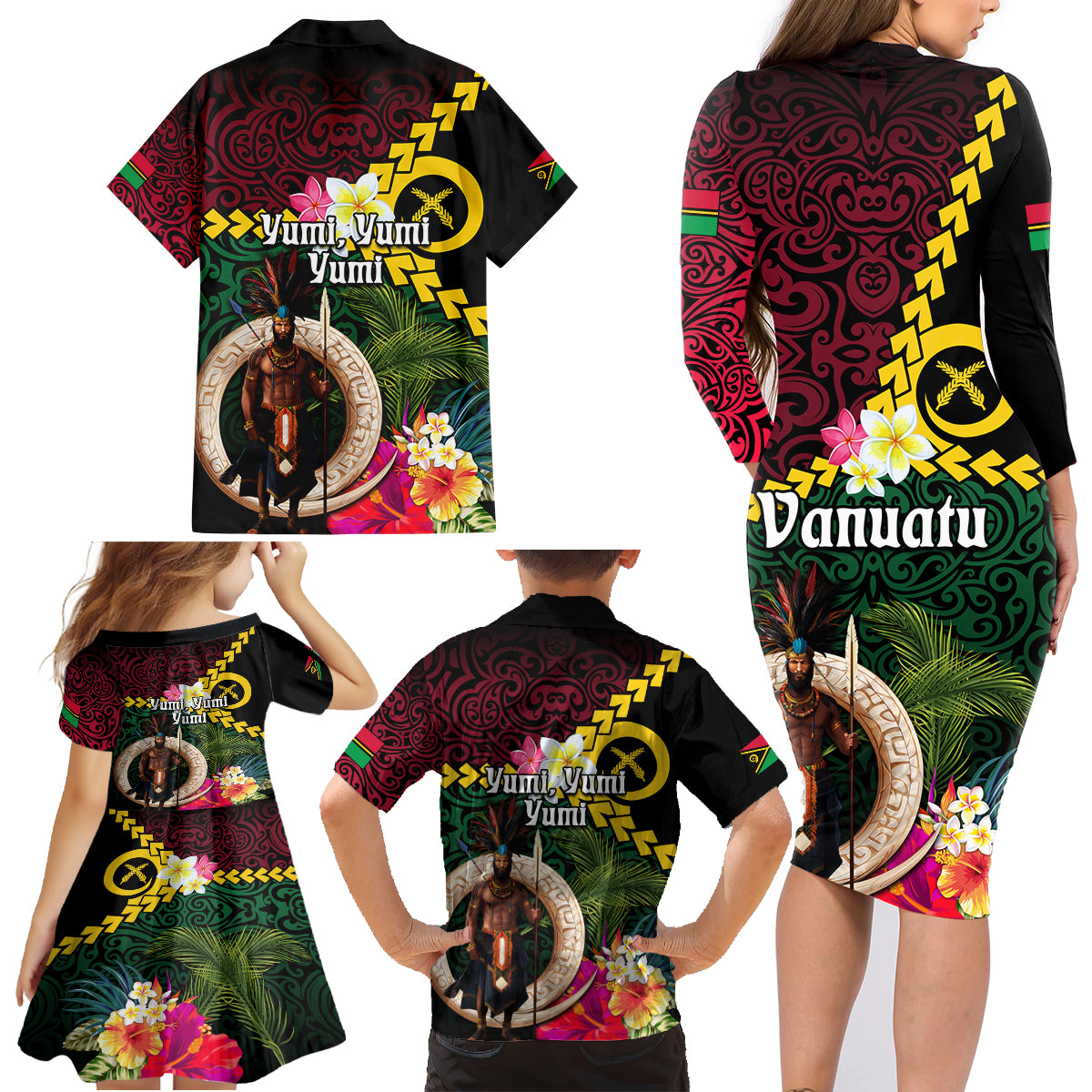 Vanuatu Indipendens Dei Family Matching Long Sleeve Bodycon Dress and Hawaiian Shirt Boars Tusk and Melanesian Warrior Hibiscus LT03 - Polynesian Pride