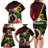 Vanuatu Indipendens Dei Family Matching Long Sleeve Bodycon Dress and Hawaiian Shirt Boars Tusk and Melanesian Warrior Hibiscus LT03 - Polynesian Pride