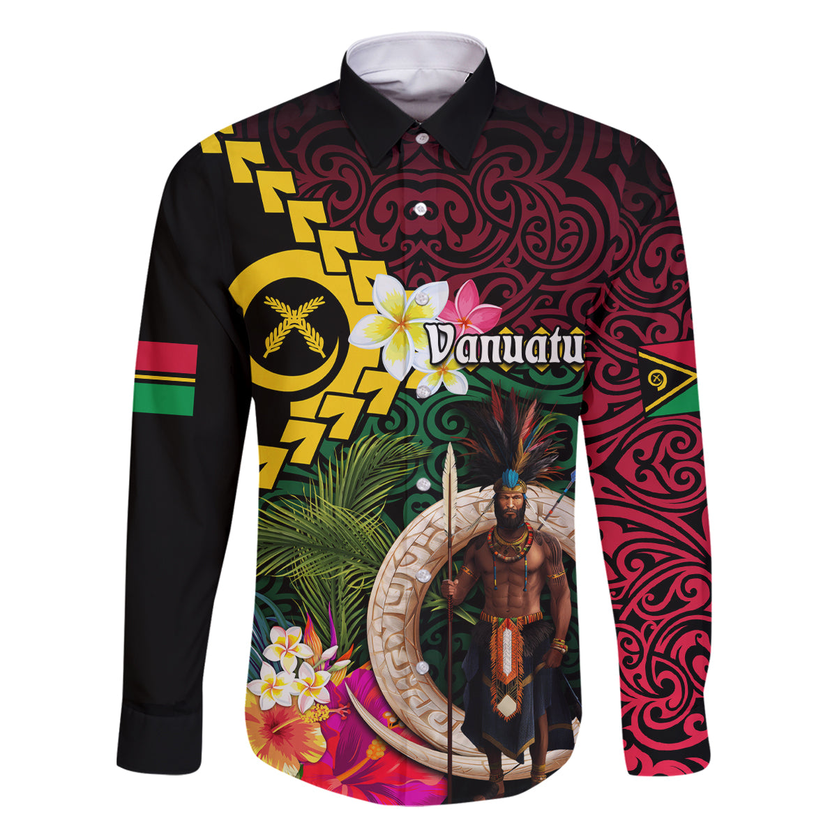 Vanuatu Indipendens Dei Family Matching Long Sleeve Bodycon Dress and Hawaiian Shirt Boars Tusk and Melanesian Warrior Hibiscus LT03 Dad's Shirt - Long Sleeve Black - Polynesian Pride